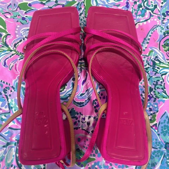 Zara Fuchsia Strappy Heeled Platform Sandals‎ Chunky Satin Pink Barbie. Size 38 - Picture 6 of 8
